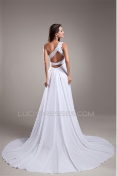 Sheath/Column Chiffon Silk like Satin One-Shoulder Beaded Wedding Dresses 2031307