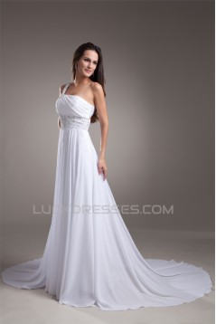 Sheath/Column Chiffon Silk like Satin One-Shoulder Beaded Wedding Dresses 2031307