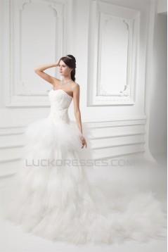 Sleeveless A-Line Strapless Satin Fine Netting Beaded Lace Wedding Dresses 2031315