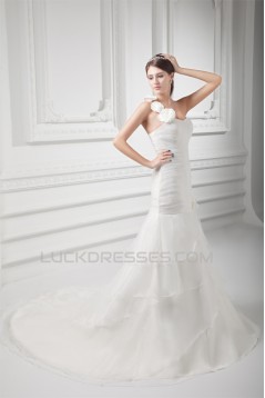 Sleeveless One-Shoulder A-Line Satin Organza Embellished Wedding Dresses 2031327