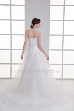 Sleeveless Satin Fine Netting A-Line Strapless Beaded Wedding Dresses 2031330