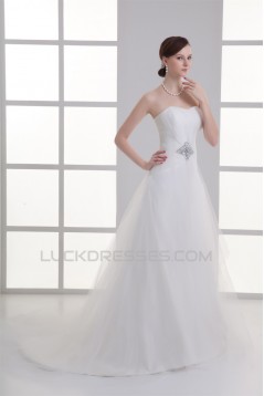 Sleeveless Satin Fine Netting A-Line Strapless Beaded Wedding Dresses 2031330