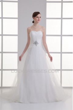 Sleeveless Satin Fine Netting A-Line Strapless Beaded Wedding Dresses 2031330