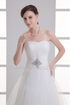 Sleeveless Satin Fine Netting A-Line Strapless Beaded Wedding Dresses 2031330