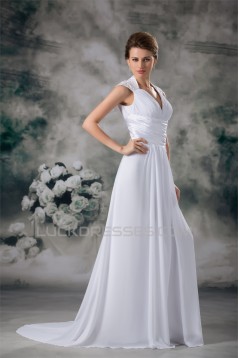 Sleeveless Sheath/Column Cowl Chiffon Elastic Woven Satin Wedding Dresses 2031337