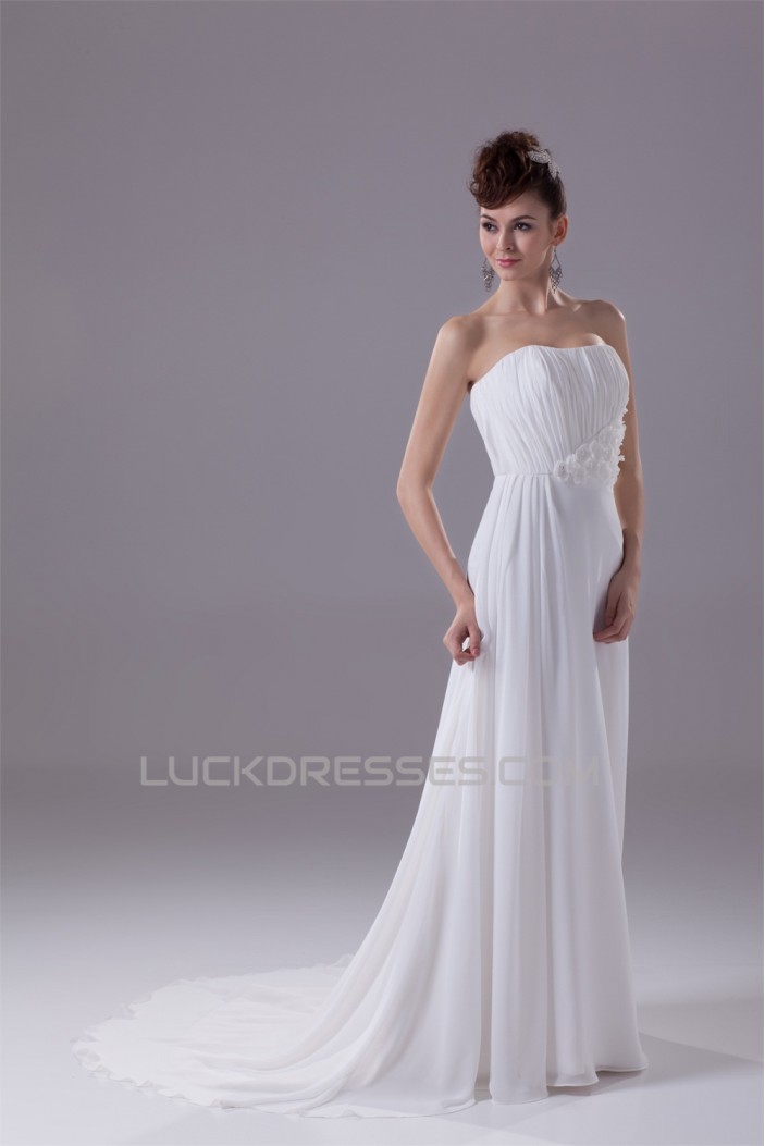 A-Line Strapless Chiffon Sweep Train Beaded Wedding Dresses 2030134