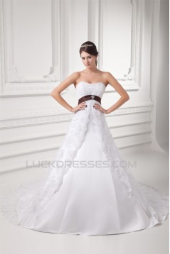 A-Line Soft Sweetheart Satin Lace Wedding Dresses 2031346