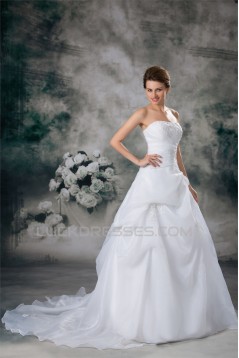 Strapless Satin Organza Sleeveless A-Line Lace Wedding Dresses 2031369