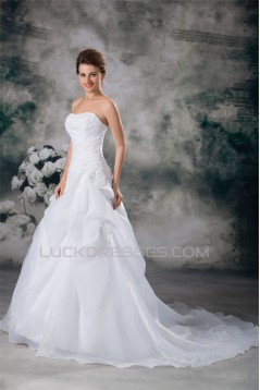 Strapless Satin Organza Sleeveless A-Line Lace Wedding Dresses 2031369