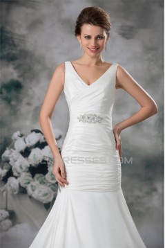 Taffeta Mermaid/Trumpet V-Neck Sleeveless Beaded Wedding Dresses 2031401