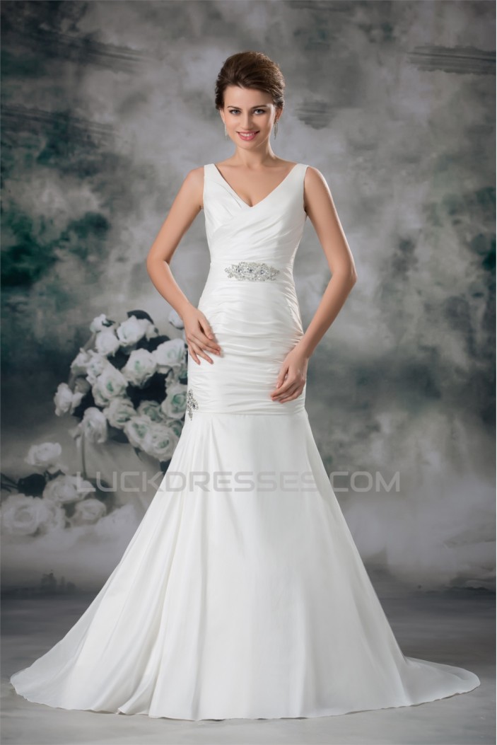 Taffeta Mermaid/Trumpet V-Neck Sleeveless Beaded Wedding Dresses 2031401