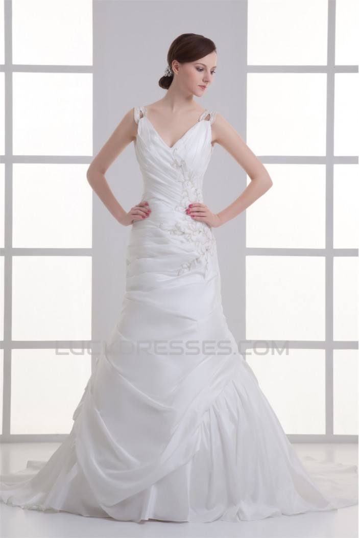 Taffeta Sleeveless Mermaid/Trumpet V-Neck Beaded Wedding Dresses 2031403