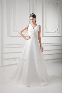 Unique Design V-Neck A-Line Sleeveless Satin Organza Beaded Wedding Dresses 2031412