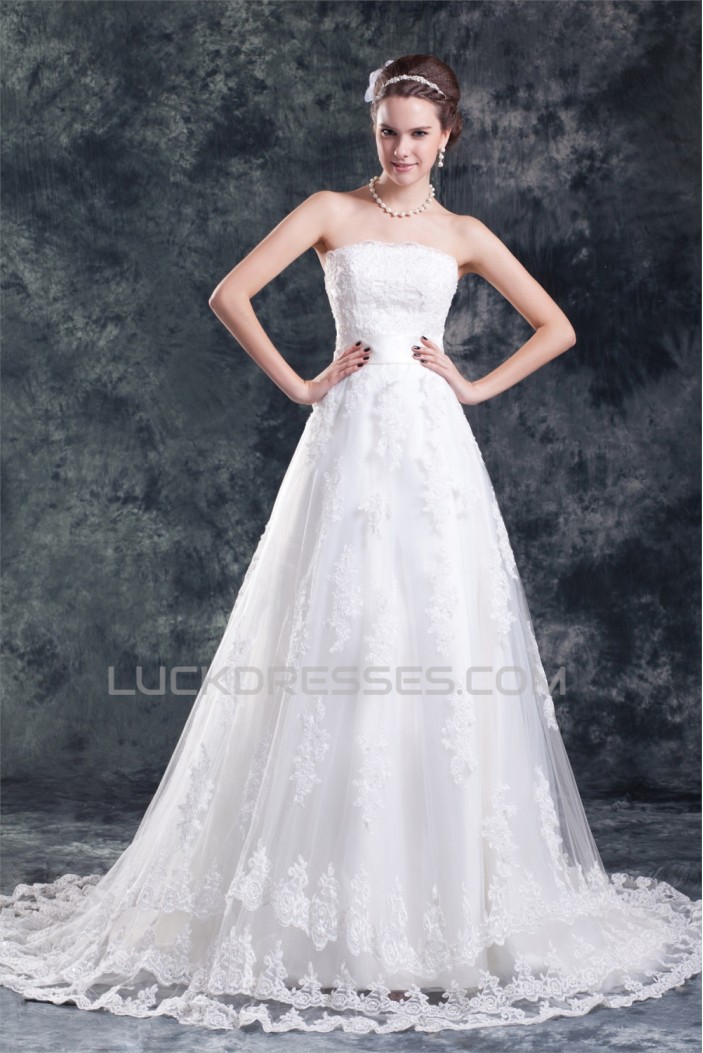 Wonderful Strapless A-Line Sleeveless Satin Net Wedding Dresses 2031432