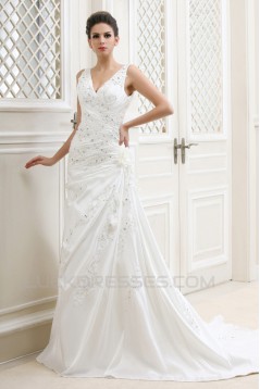 Sheath/Column V-Neck Beaded Applique Court Train Wedding Dresses 2031436
