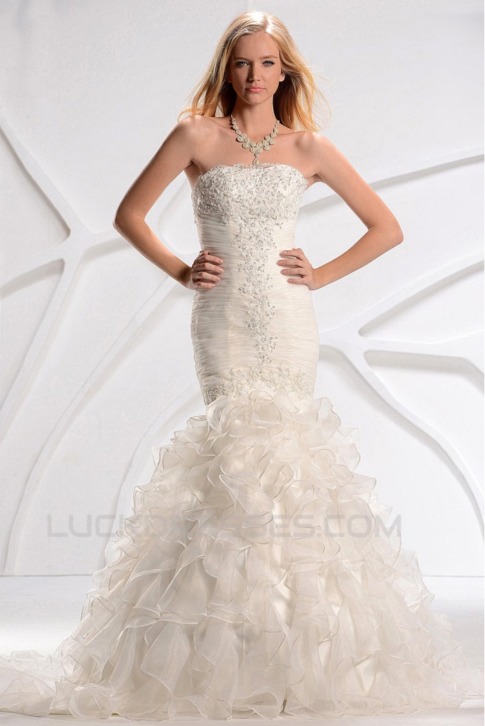 Trumpet/Mermaid Strapless Court Train Beaded Lace Wedding Dresses 2031446