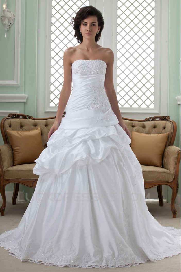 A-Line Strapless Beaded Applique Court Train Wedding Dresses 2031449