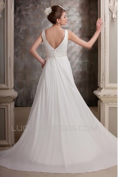 A-Line V-Neck Straps Sleeveless Sweep Train Beaded Wedding Dresses 2031454