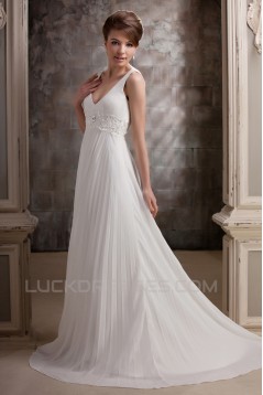A-Line V-Neck Straps Sleeveless Sweep Train Beaded Wedding Dresses 2031454