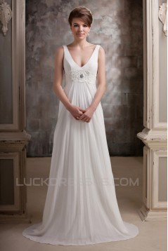 A-Line V-Neck Straps Sleeveless Sweep Train Beaded Wedding Dresses 2031454