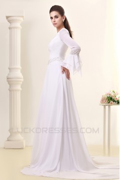 A-Line Sweep Train Long Sleeve Beaded Chiffon Wedding Dresses 2031458