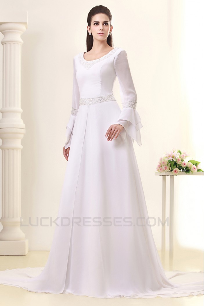 A-Line Sweep Train Long Sleeve Beaded Chiffon Wedding Dresses 2031458