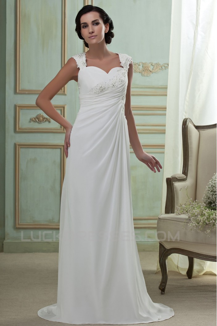 Sheath/Column Sweetheart Sweep Train Lace Chiffon Wedding Dresses 2031465