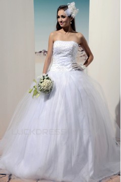 Ball Gown Strapless Court Train Beaded Lace Wedding Dresses 2031468