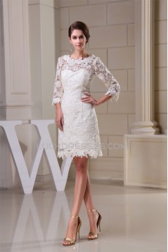 Sheath/Column Scoop 3/4 Length Sleeve Lace Little White Dresses Wedding Dresses 2031496
