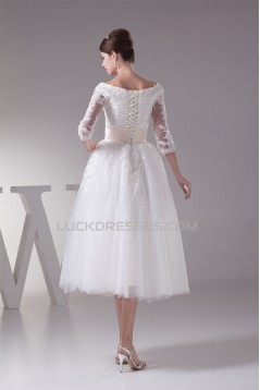 Satin Lace Fine Netting Scoop A-Line 3/4 Length Sleeve Little White Wedding Dresses 2031498