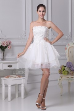 A-Line Satin Fine Netting Strapless Lace Short Reception Wedding Dresses 2031507
