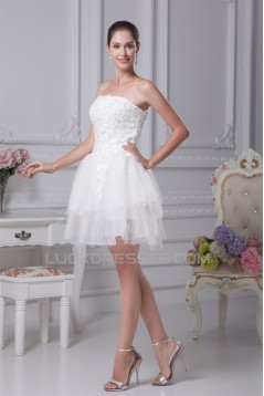 A-Line Satin Fine Netting Strapless Lace Short Reception Wedding Dresses 2031507
