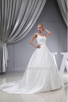 fashionable Straps A-Line Satin Lace Sleeveless Sweet Wedding Dresses 2030151