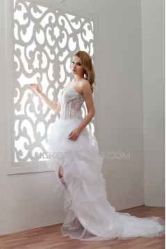 Fantastic Spaghetti Strap V-Neck Asymmetrical Satin Organza Beaded Wedding Dresses 2031524