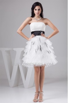 A-Line Strapless Satin Fine Netting Short Wedding Dresses 2031533