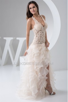 V-Neck Asymmetrical Sleeveless Ruched Satin Fine Netting Wedding Dresses 2031534