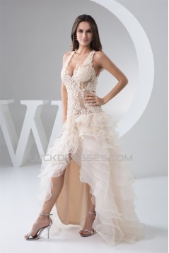 V-Neck Asymmetrical Sleeveless Ruched Satin Fine Netting Wedding Dresses 2031534