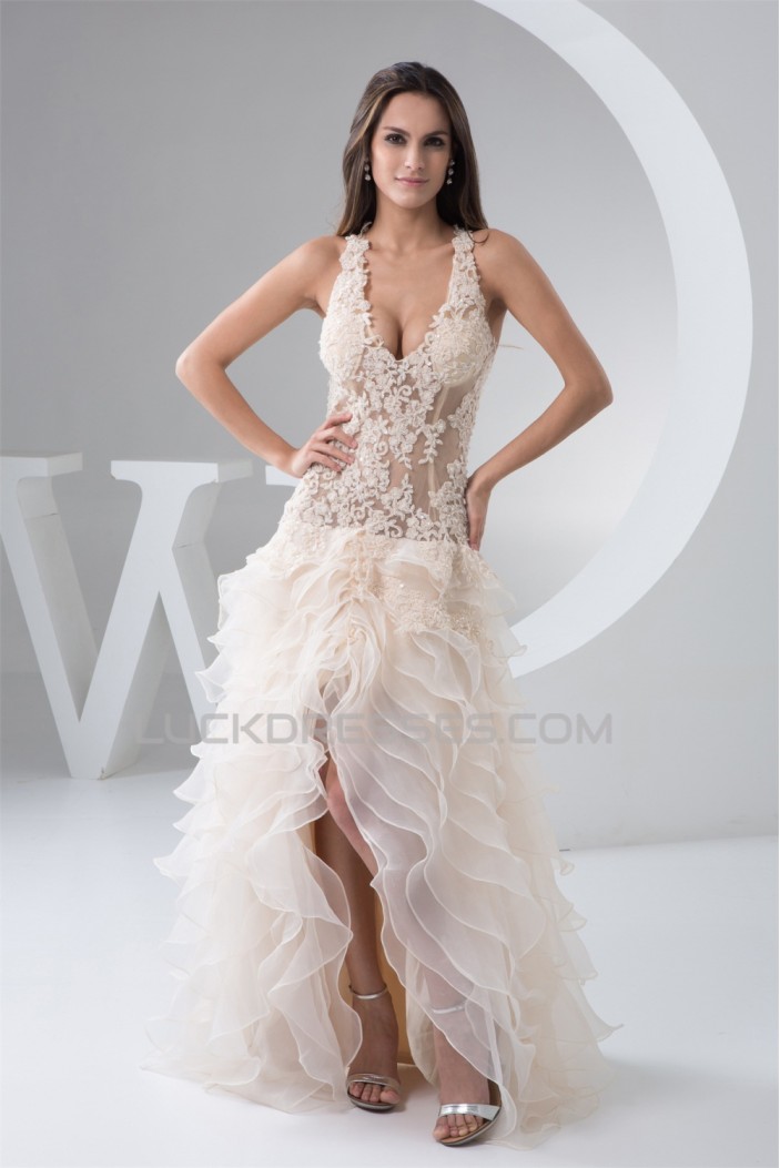 V-Neck Asymmetrical Sleeveless Ruched Satin Fine Netting Wedding Dresses 2031534