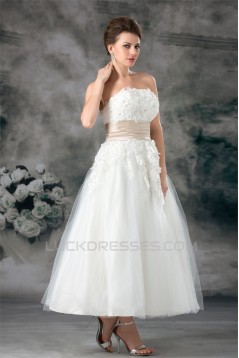 A-Line Sleeveless Strapless Ankle-Length Lace Wedding Dresses 2031547