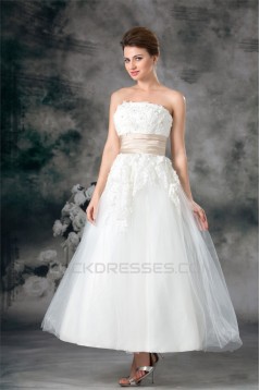 A-Line Sleeveless Strapless Ankle-Length Lace Wedding Dresses 2031547