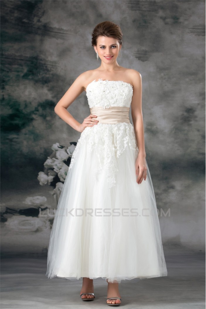 A-Line Sleeveless Strapless Ankle-Length Lace Wedding Dresses 2031547