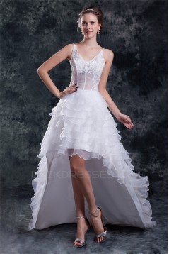 Unique Design V-Neck Satin Organza Lace A-Line High Low Wedding Dresses 2031548
