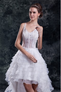 Unique Design V-Neck Satin Organza Lace A-Line High Low Wedding Dresses 2031548