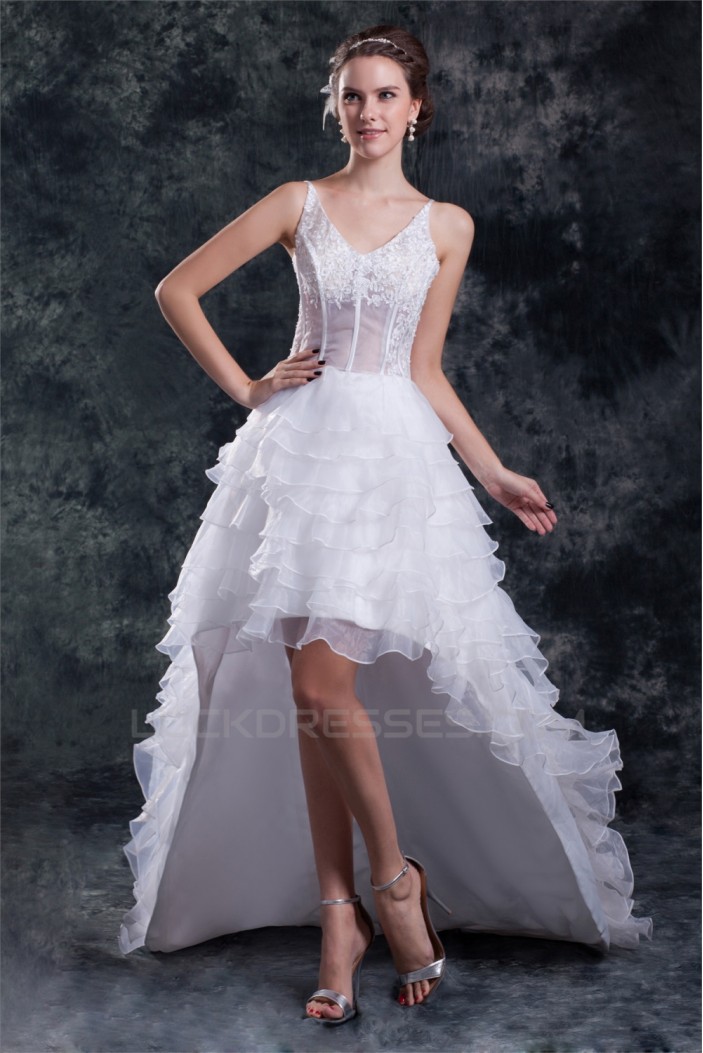 Unique Design V-Neck Satin Organza Lace A-Line High Low Wedding Dresses 2031548