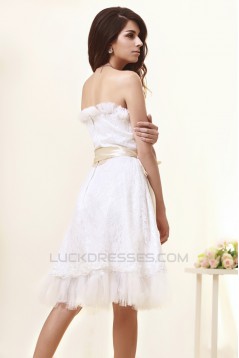 Wonderful Strapless Satin Lace Sleeveless A-Line Knee-Length Short Wedding Dresses 2031550