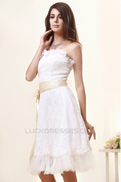 Wonderful Strapless Satin Lace Sleeveless A-Line Knee-Length Short Wedding Dresses 2031550