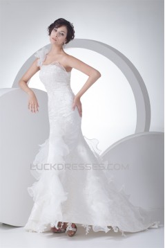 Mermaid/Trumpet Sleeveless One-Shoulder Beaded Lace Wedding Dresses 2030161