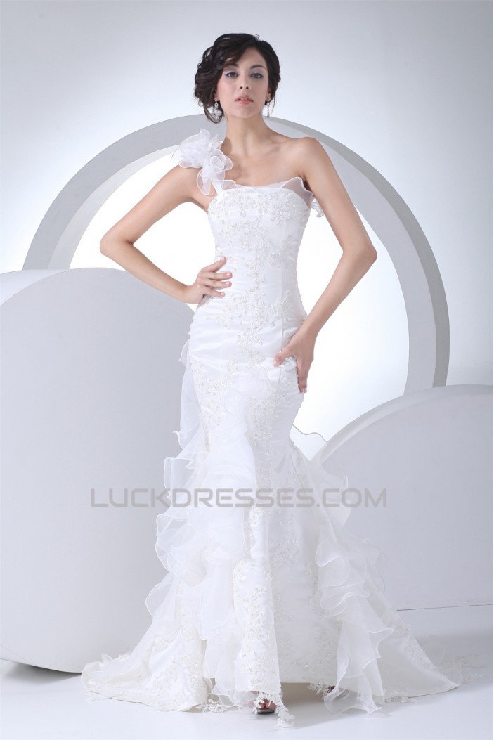 Mermaid/Trumpet Sleeveless One-Shoulder Beaded Lace Wedding Dresses 2030161