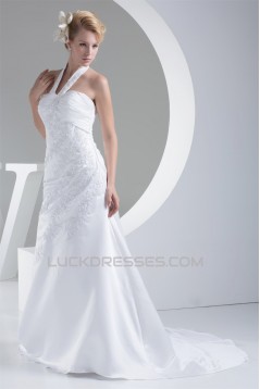 A-Line Halter Sleeveless Satin Lace Sweet Wedding Dresses 2030171