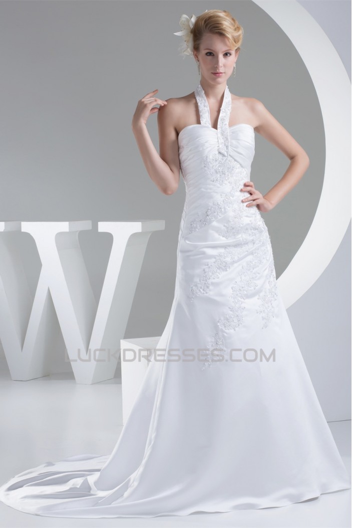 A-Line Halter Sleeveless Satin Lace Sweet Wedding Dresses 2030171